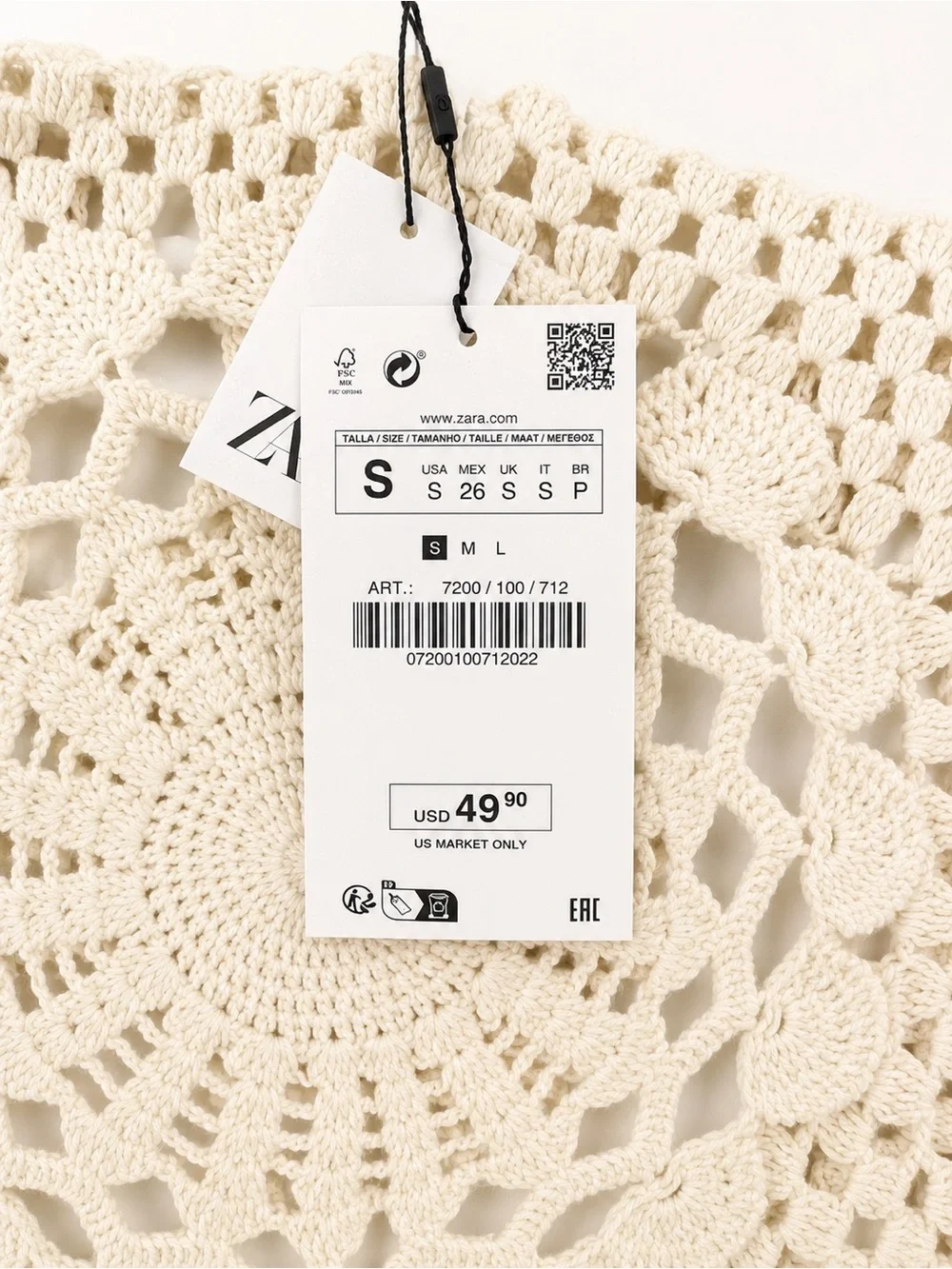 Zara Cream Crochet Ruffle Long Sleeve Blouse NWT Size S